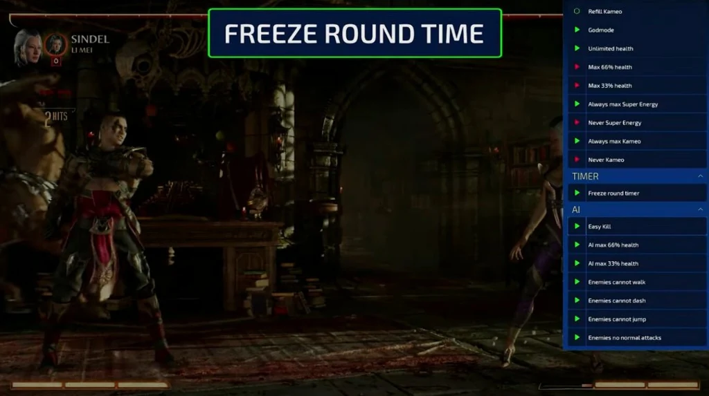 Mortal Kombat Cheats menu — freeze round timer and combo tools